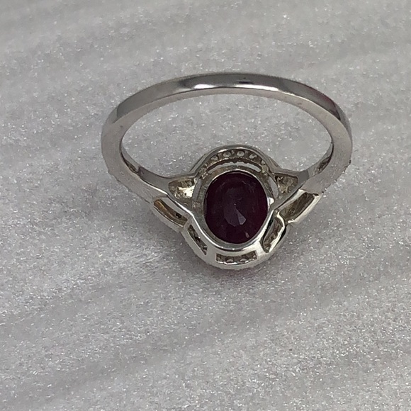 Red Opaque Ruby Ring Zircon Halo Gemstones Rhodium Over Sterling Silver Size 7 - Picture 7 of 9